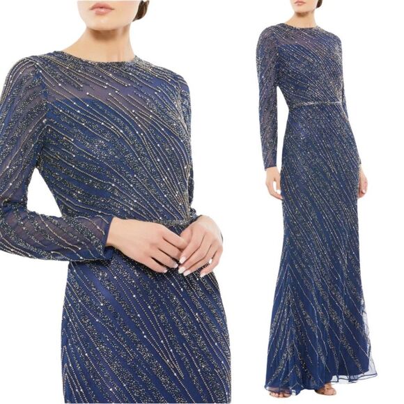 $598 Mac Duggal 5240 Size 8 Dark Blue Long Sleeve Column Gown Maxi Dress Navy - Picture 1 of 4